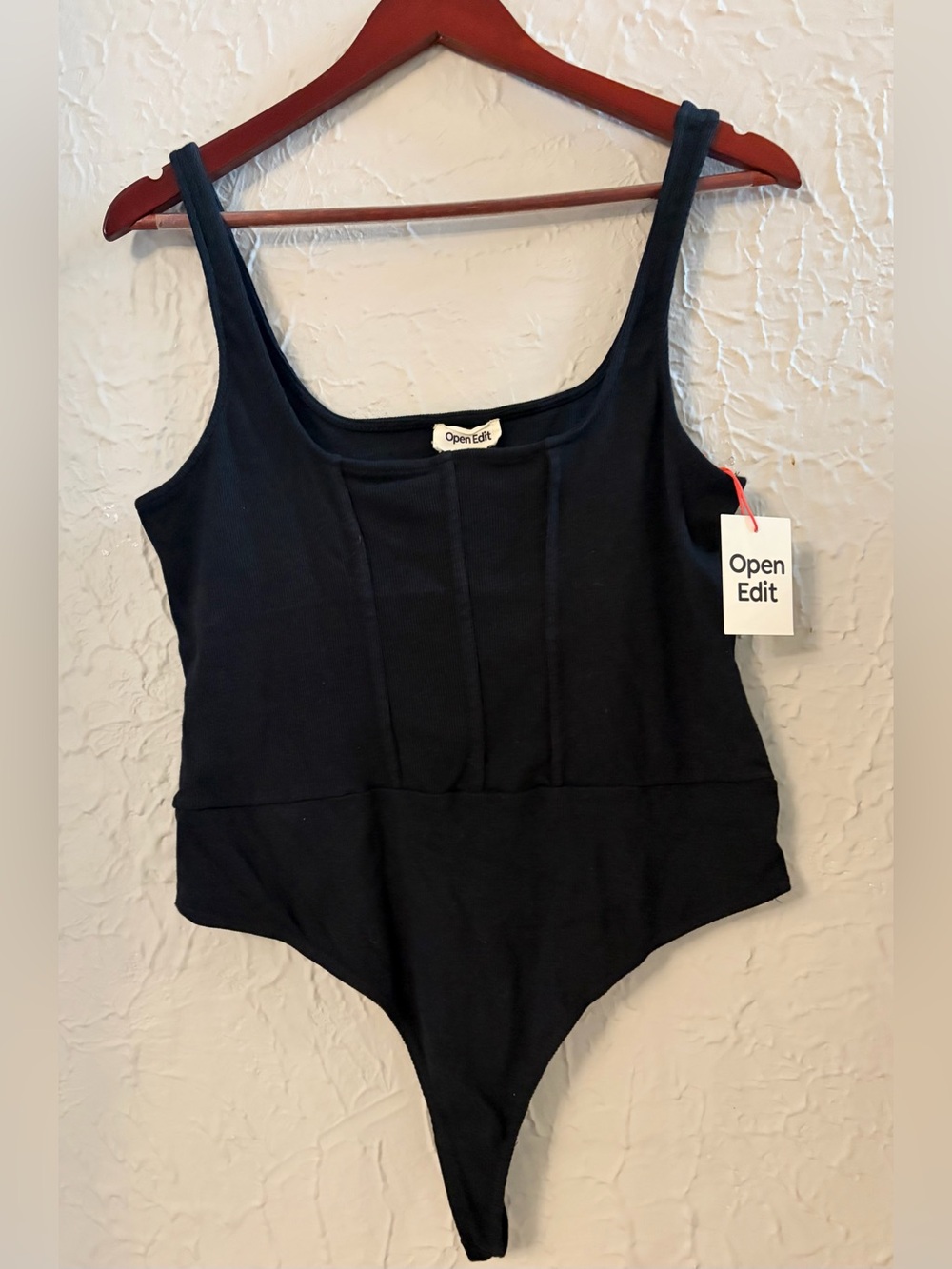 NWT Open Edit Nordstrom Corset Seaming Thong Bodysuit Black Size Large